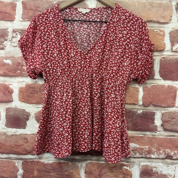 Sim & Sam Top Shirt Women's Large Red Multicolor Ditsy Floral Casual Popover - Picture 6 of 8